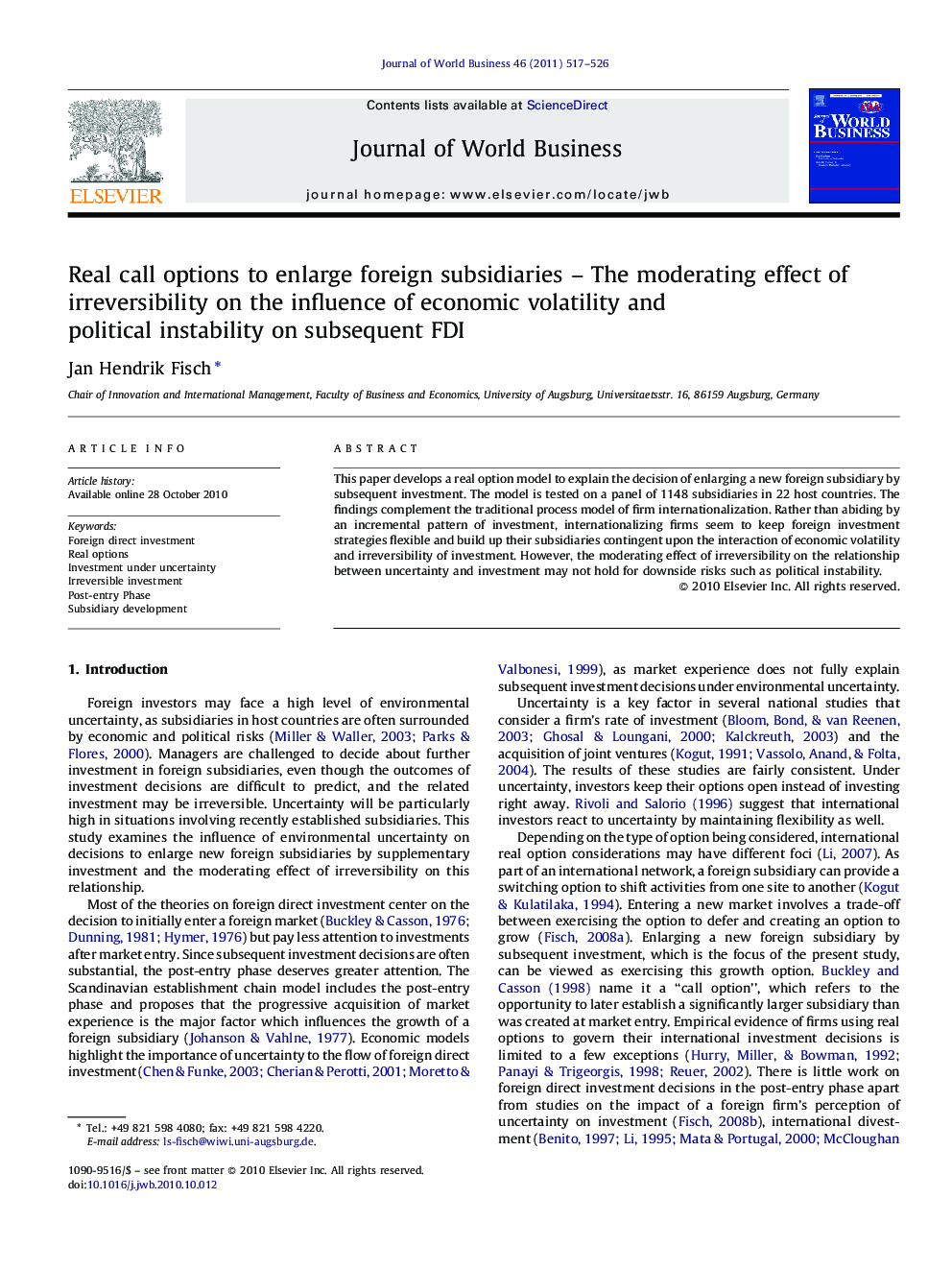 Real call options to enlarge foreign subsidiaries – The moderating effect of irreversibility on the influence of economic volatility and political instability on subsequent FDI