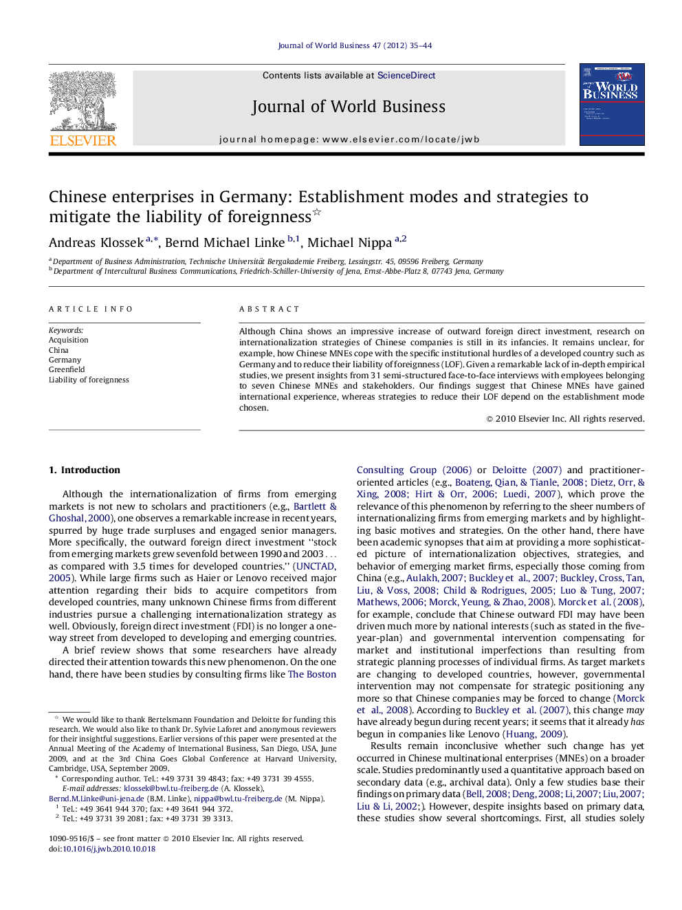 Chinese enterprises in Germany: Establishment modes and strategies to mitigate the liability of foreignness 