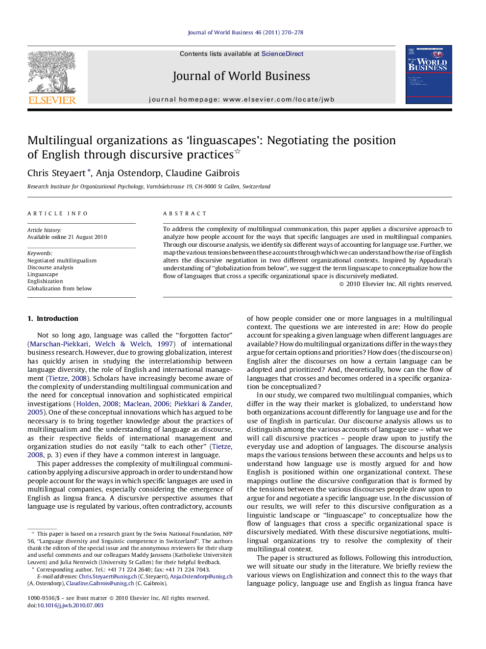 Multilingual organizations as ‘linguascapes’: Negotiating the position of English through discursive practices 