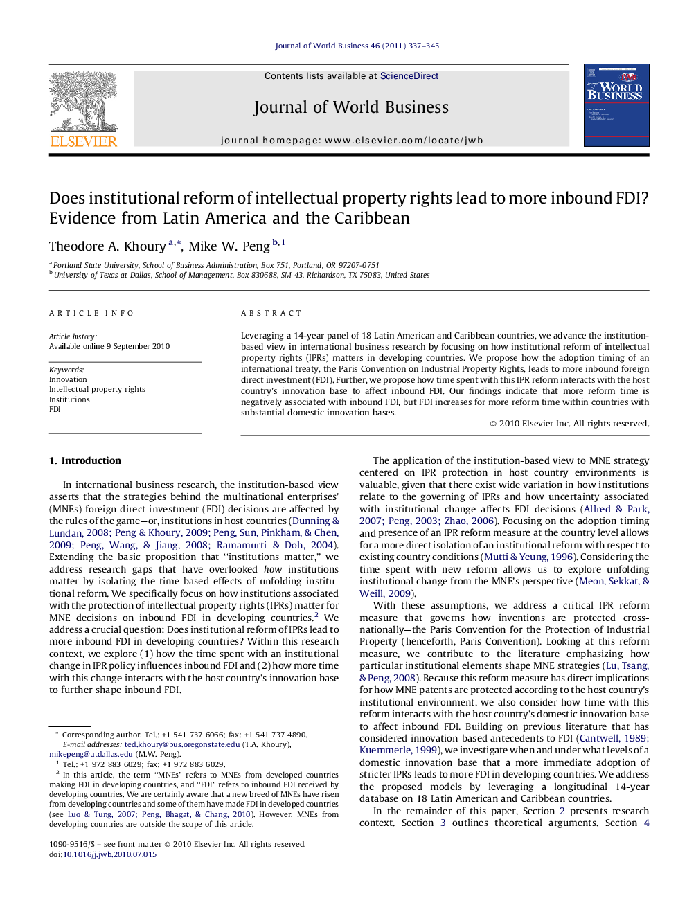 Does institutional reform of intellectual property rights lead to more inbound FDI? Evidence from Latin America and the Caribbean