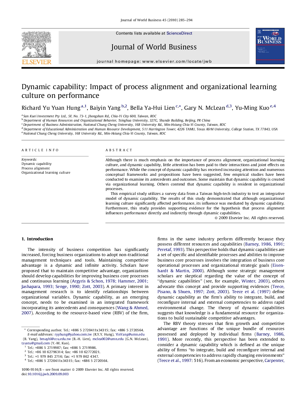 Dynamic capability: Impact of process alignment and organizational learning culture on performance