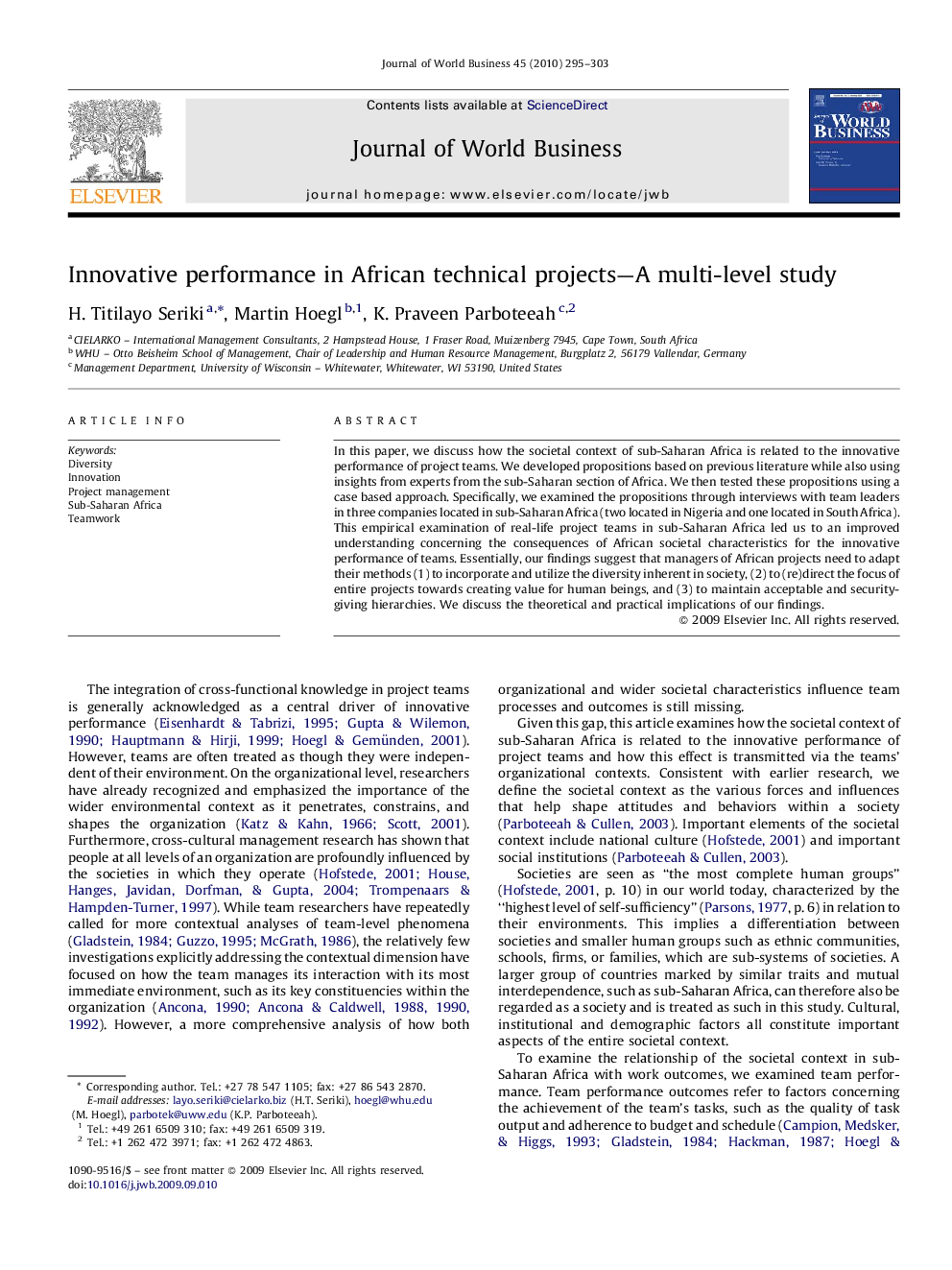 Innovative performance in African technical projects—A multi-level study