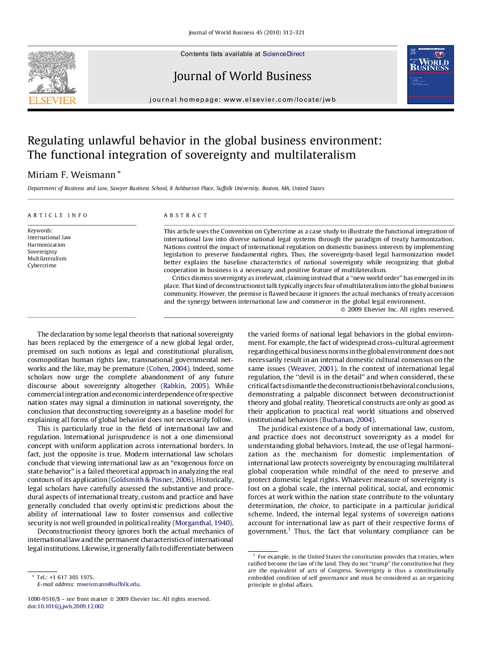 Regulating unlawful behavior in the global business environment: The functional integration of sovereignty and multilateralism