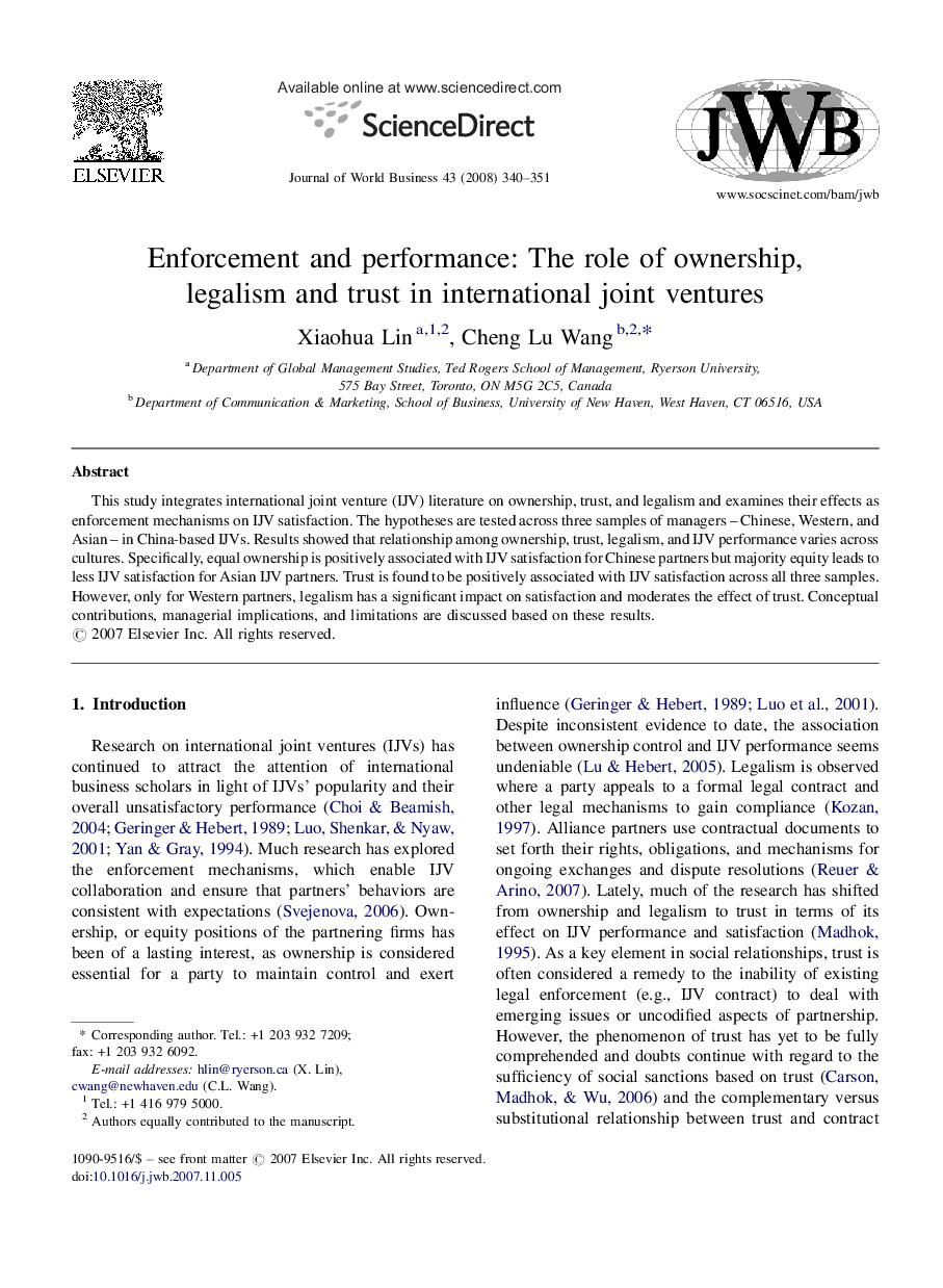 Enforcement and performance: The role of ownership, legalism and trust in international joint ventures