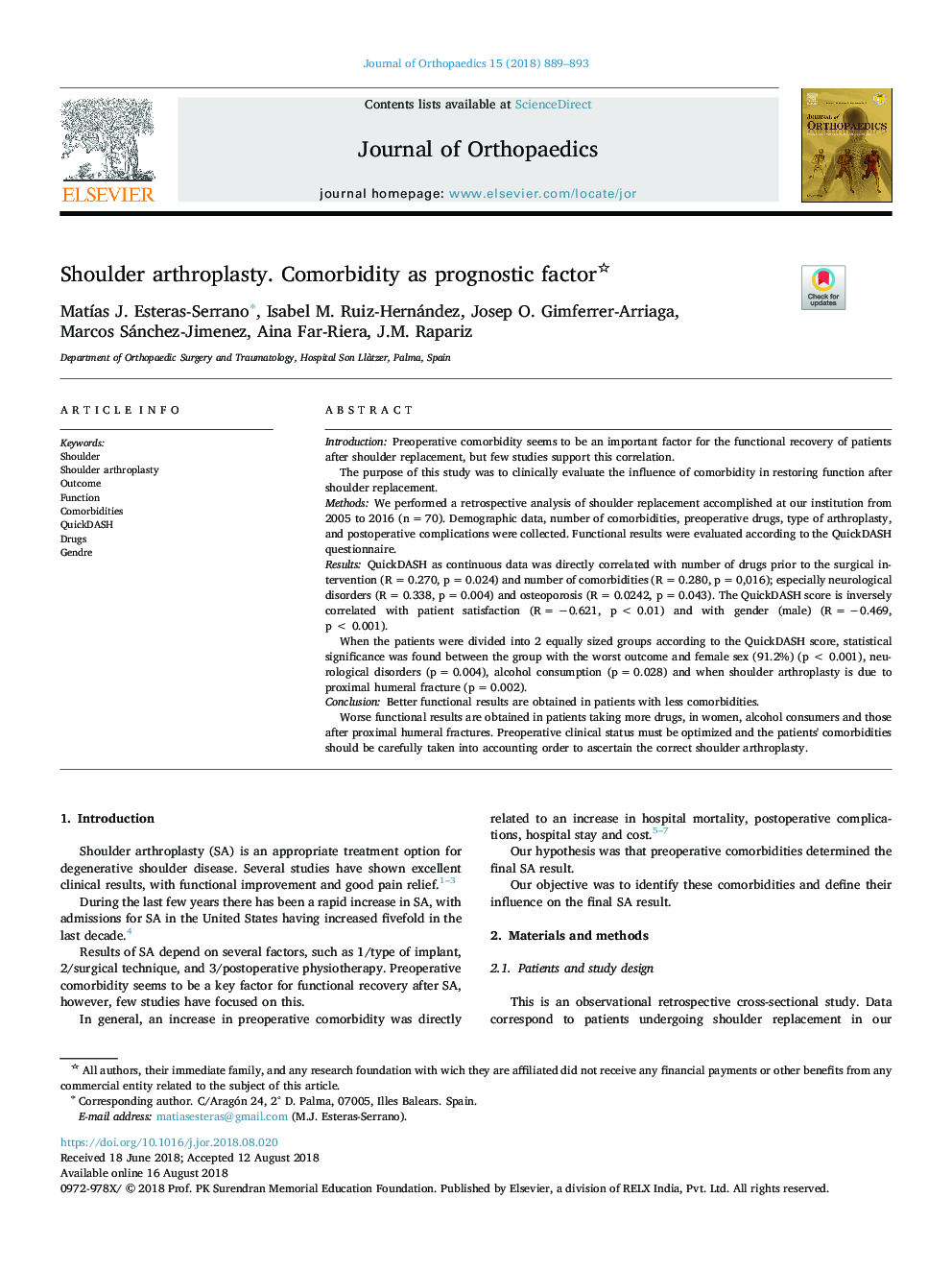 Shoulder arthroplasty. Comorbidity as prognostic factor