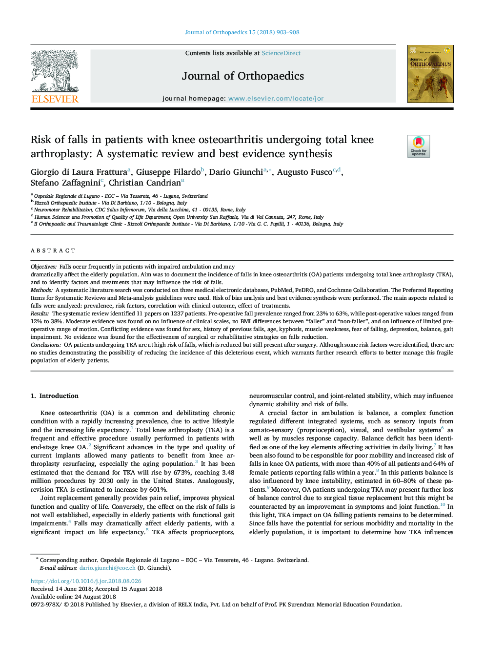 Risk of falls in patients with knee osteoarthritis undergoing total knee arthroplasty: A systematic review and best evidence synthesis