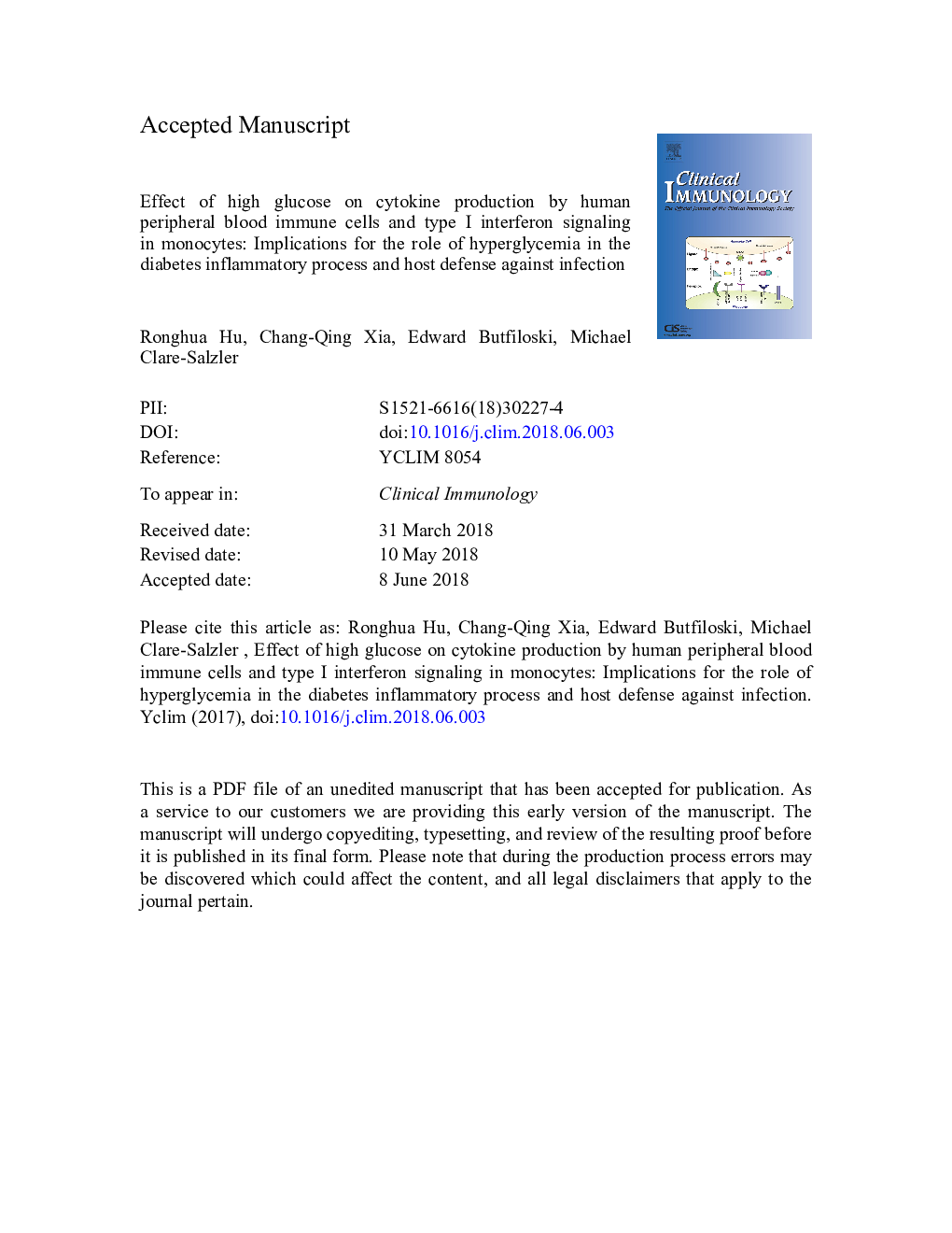 Effect of high glucose on cytokine production by human peripheral blood immune cells and type I interferon signaling in monocytes: Implications for the role of hyperglycemia in the diabetes inflammatory process and host defense against infection