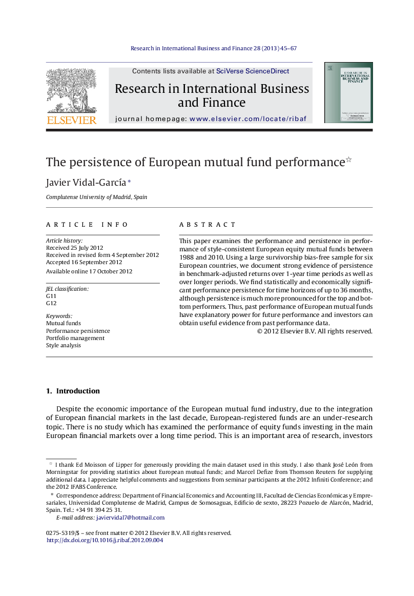 The persistence of European mutual fund performance 