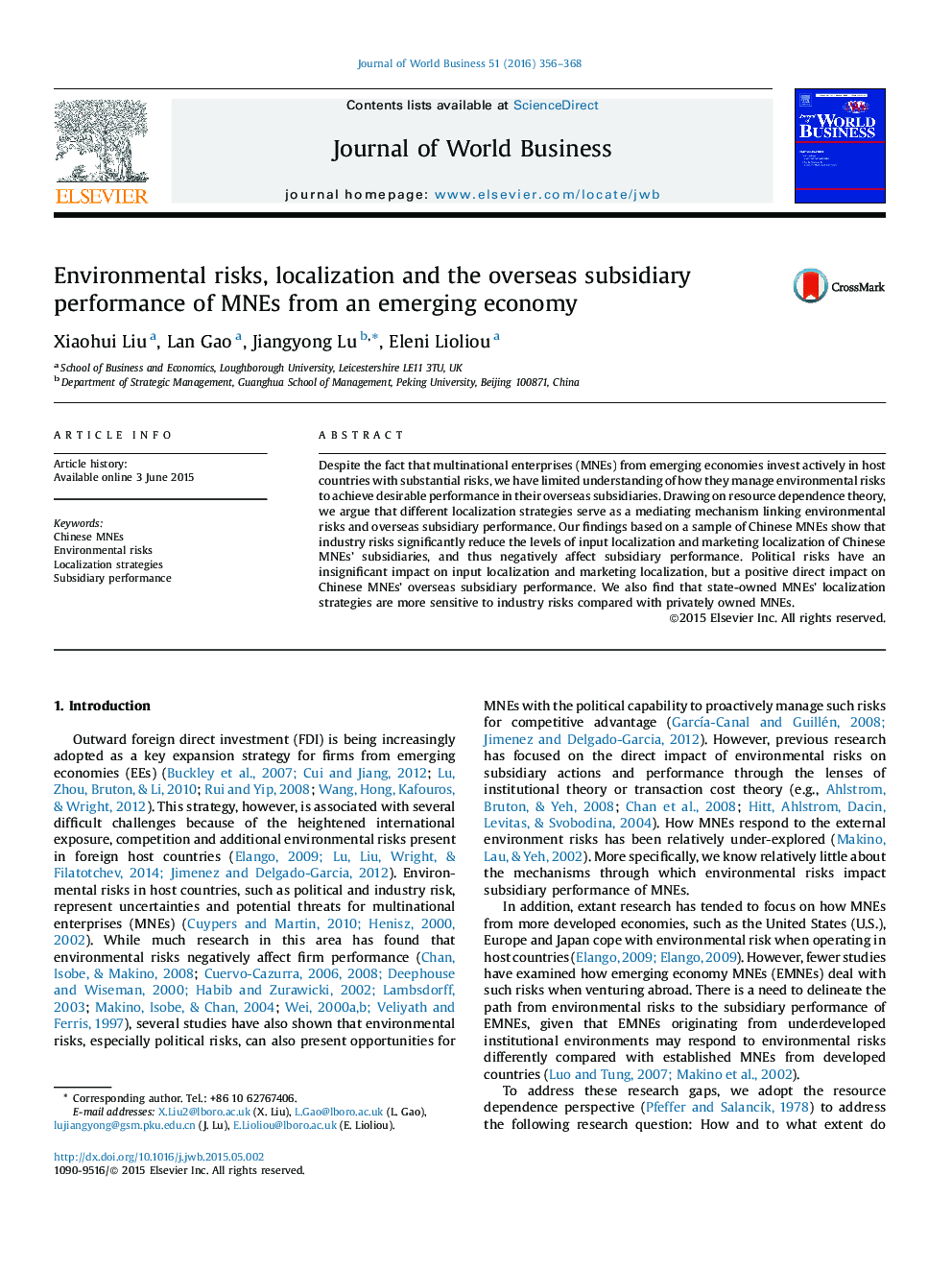 Environmental risks, localization and the overseas subsidiary performance of MNEs from an emerging economy