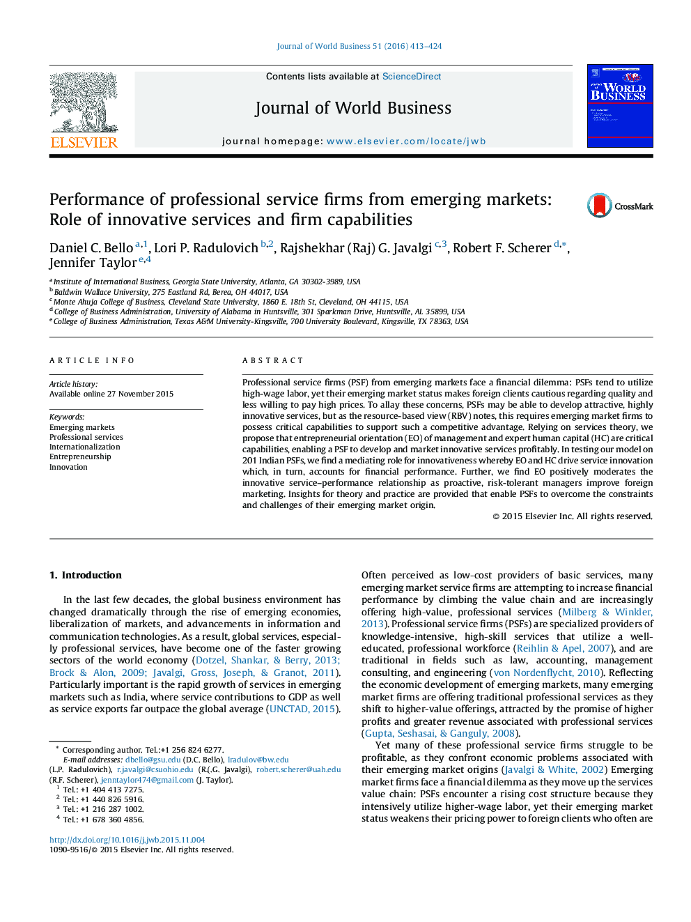 Performance of professional service firms from emerging markets: Role of innovative services and firm capabilities