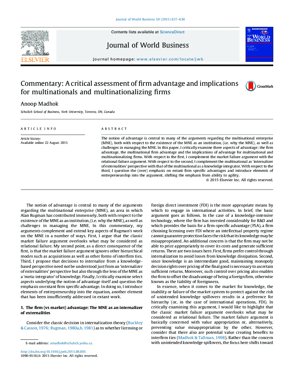 Commentary: A critical assessment of firm advantage and implications for multinationals and multinationalizing firms