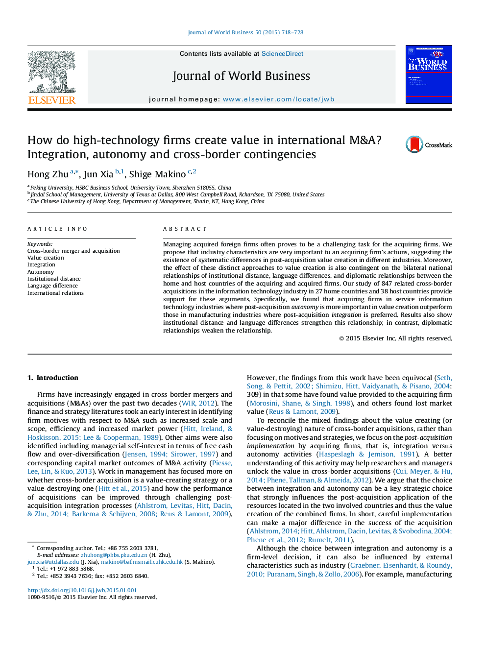 How do high-technology firms create value in international M&A? Integration, autonomy and cross-border contingencies