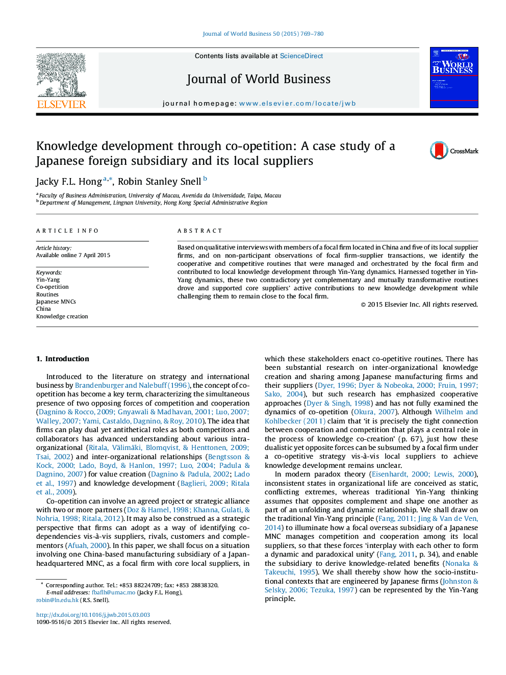 Knowledge development through co-opetition: A case study of a Japanese foreign subsidiary and its local suppliers