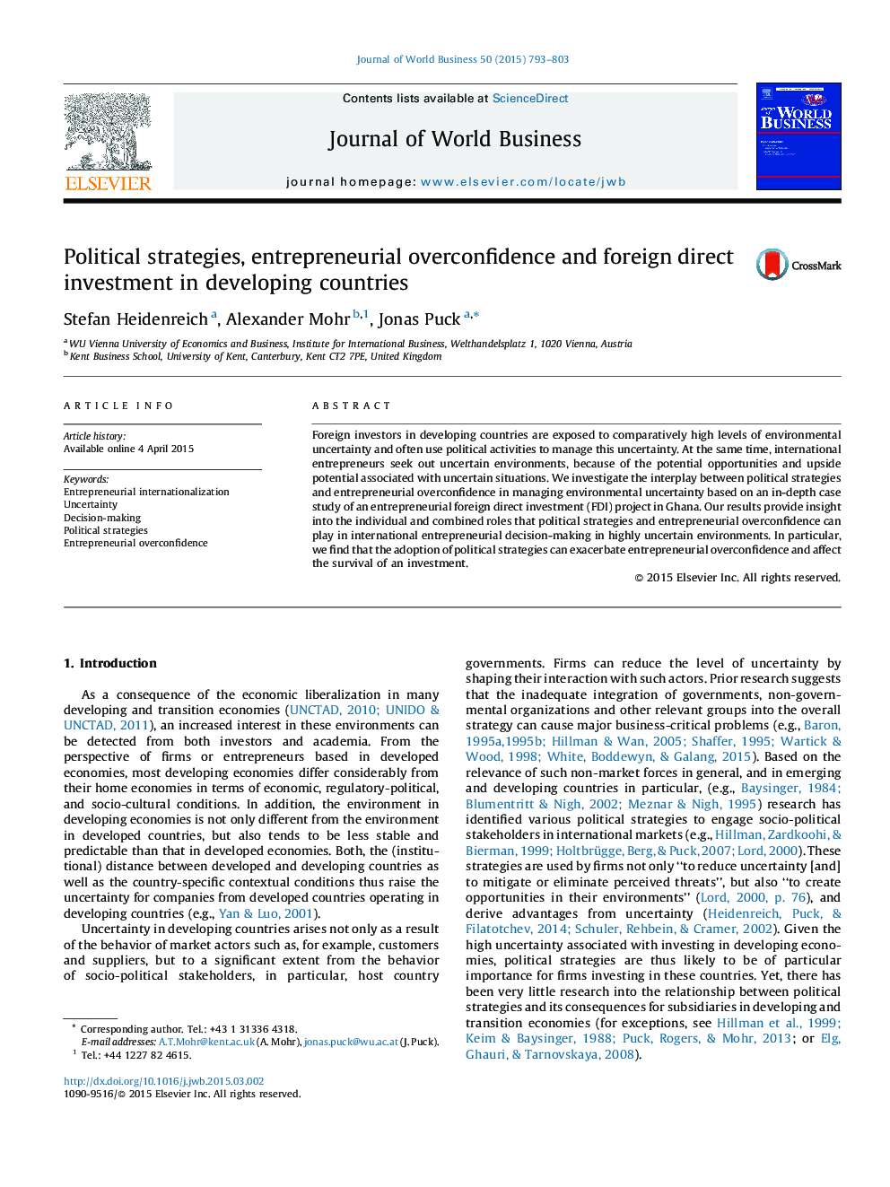 Political strategies, entrepreneurial overconfidence and foreign direct investment in developing countries