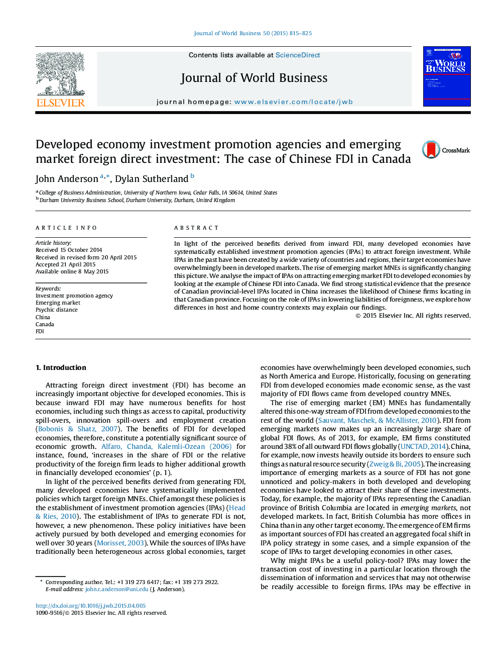 Developed economy investment promotion agencies and emerging market foreign direct investment: The case of Chinese FDI in Canada