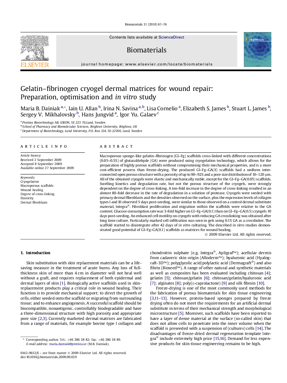 Gelatin–fibrinogen cryogel dermal matrices for wound repair: Preparation, optimisation and in vitro study