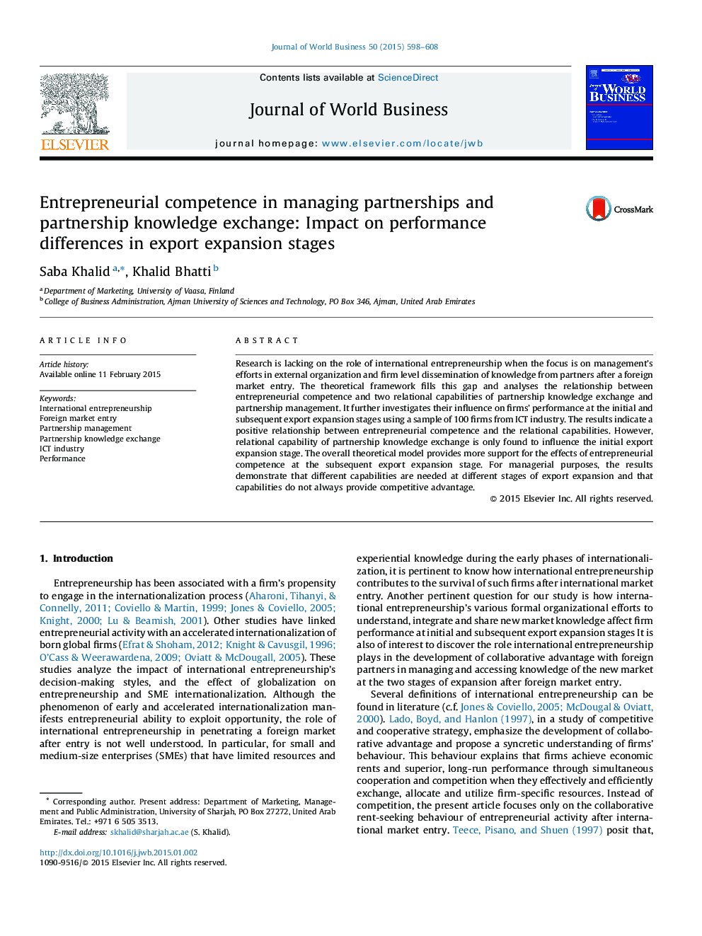 Entrepreneurial competence in managing partnerships and partnership knowledge exchange: Impact on performance differences in export expansion stages