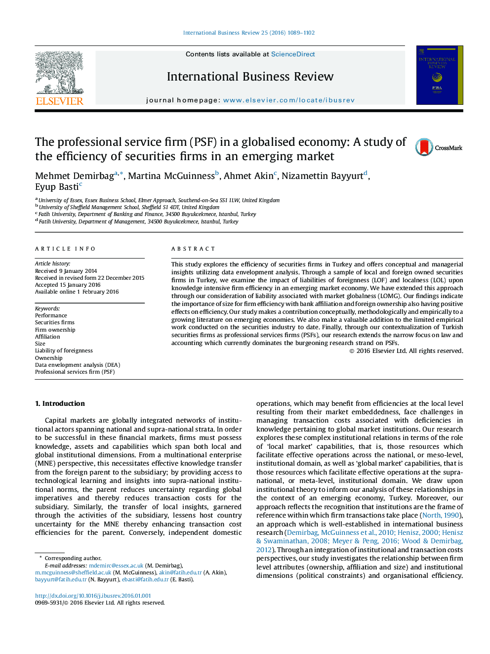 The professional service firm (PSF) in a globalised economy: A study of the efficiency of securities firms in an emerging market