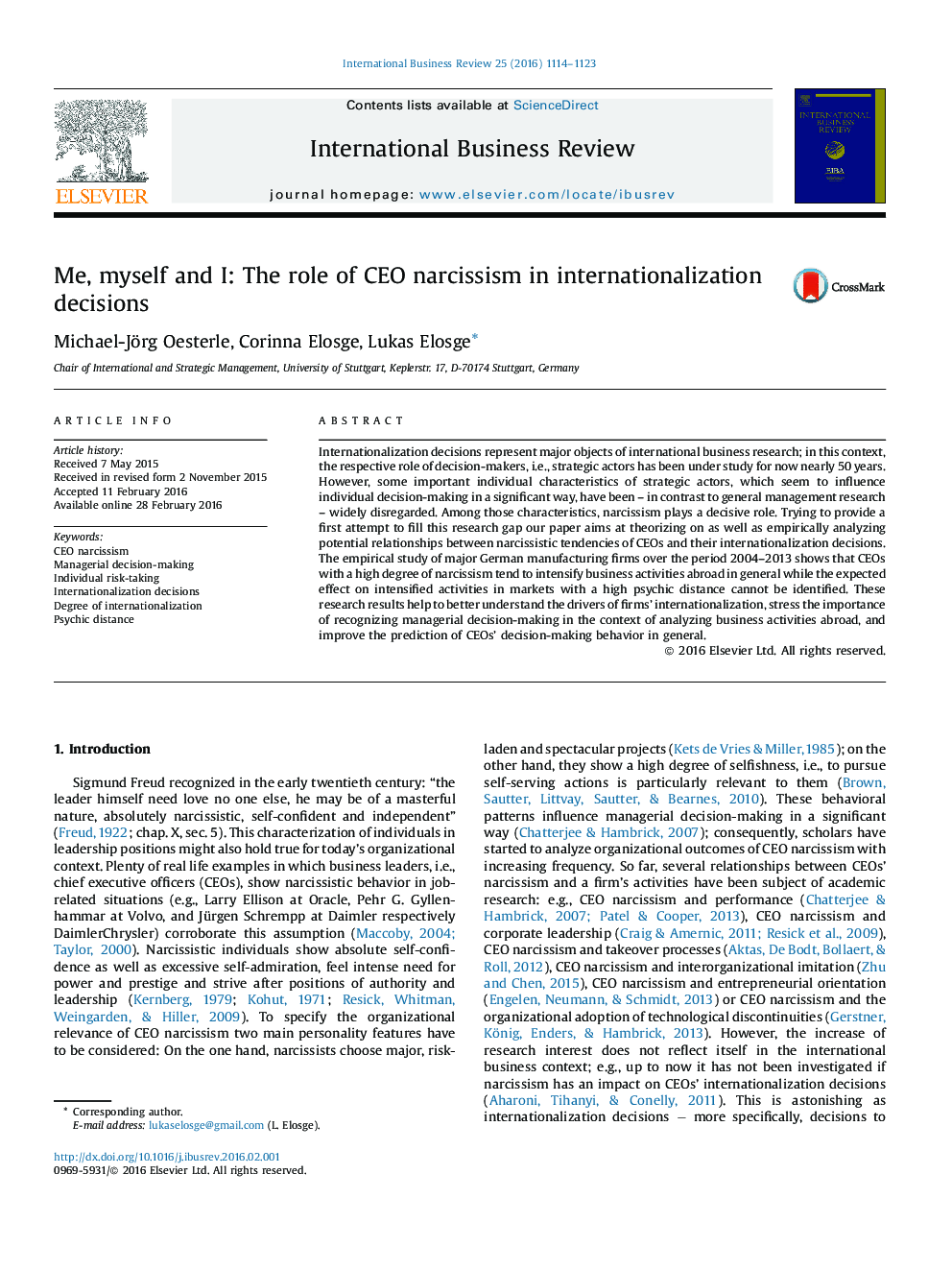 Me, myself and I: The role of CEO narcissism in internationalization decisions