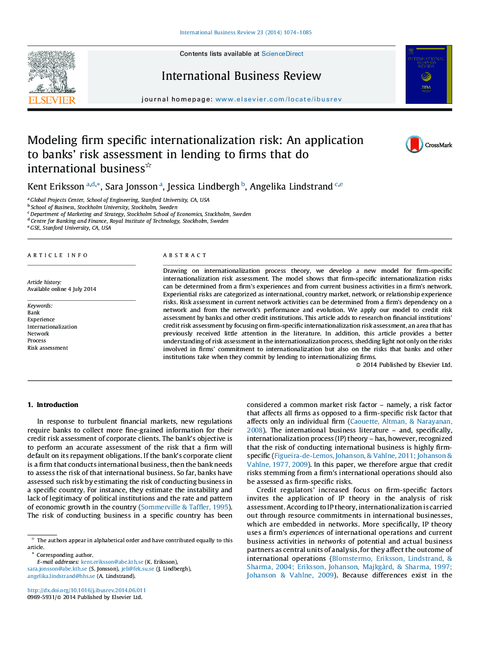 Modeling firm specific internationalization risk: An application to banks’ risk assessment in lending to firms that do international business 