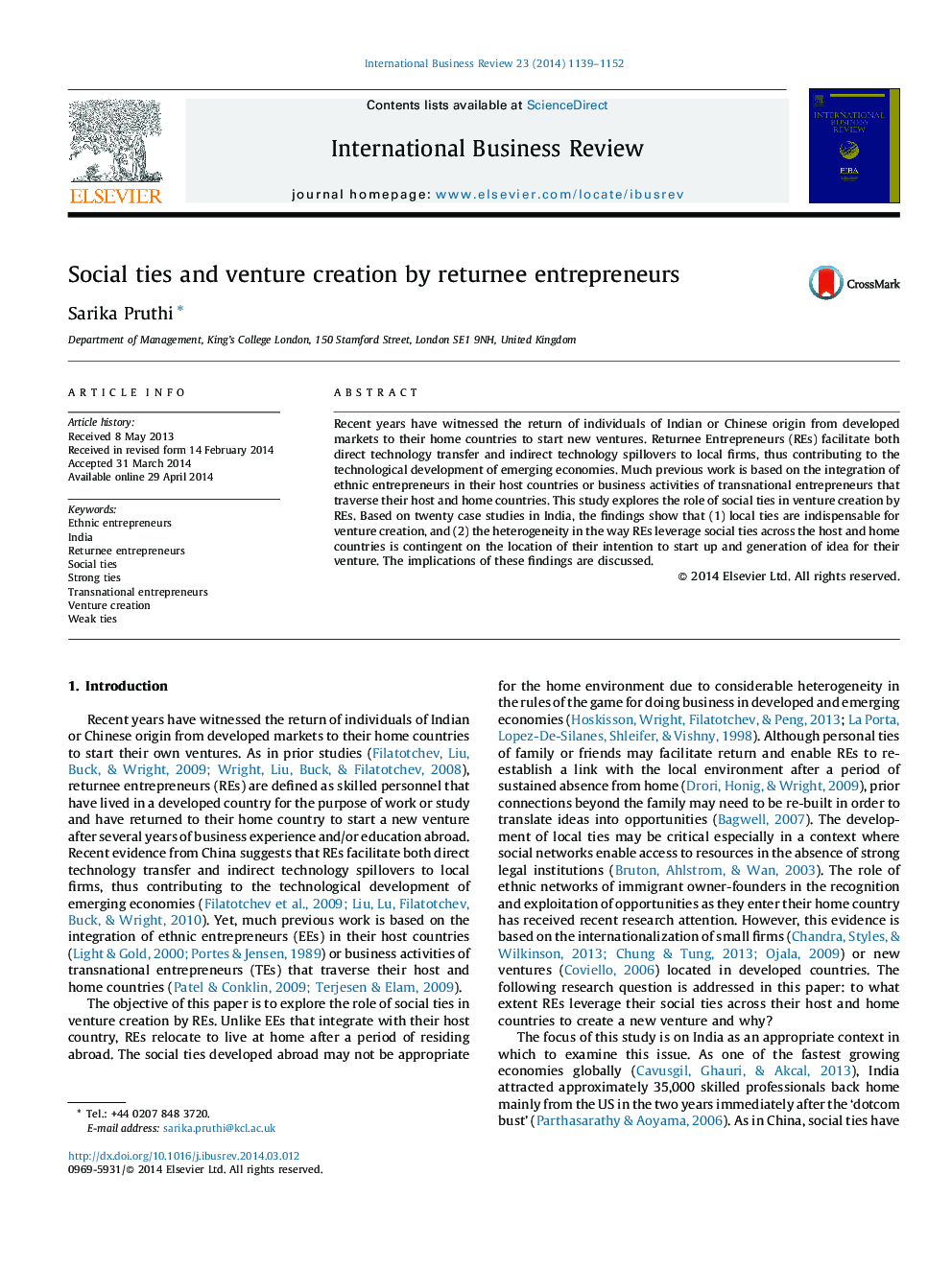 Social ties and venture creation by returnee entrepreneurs