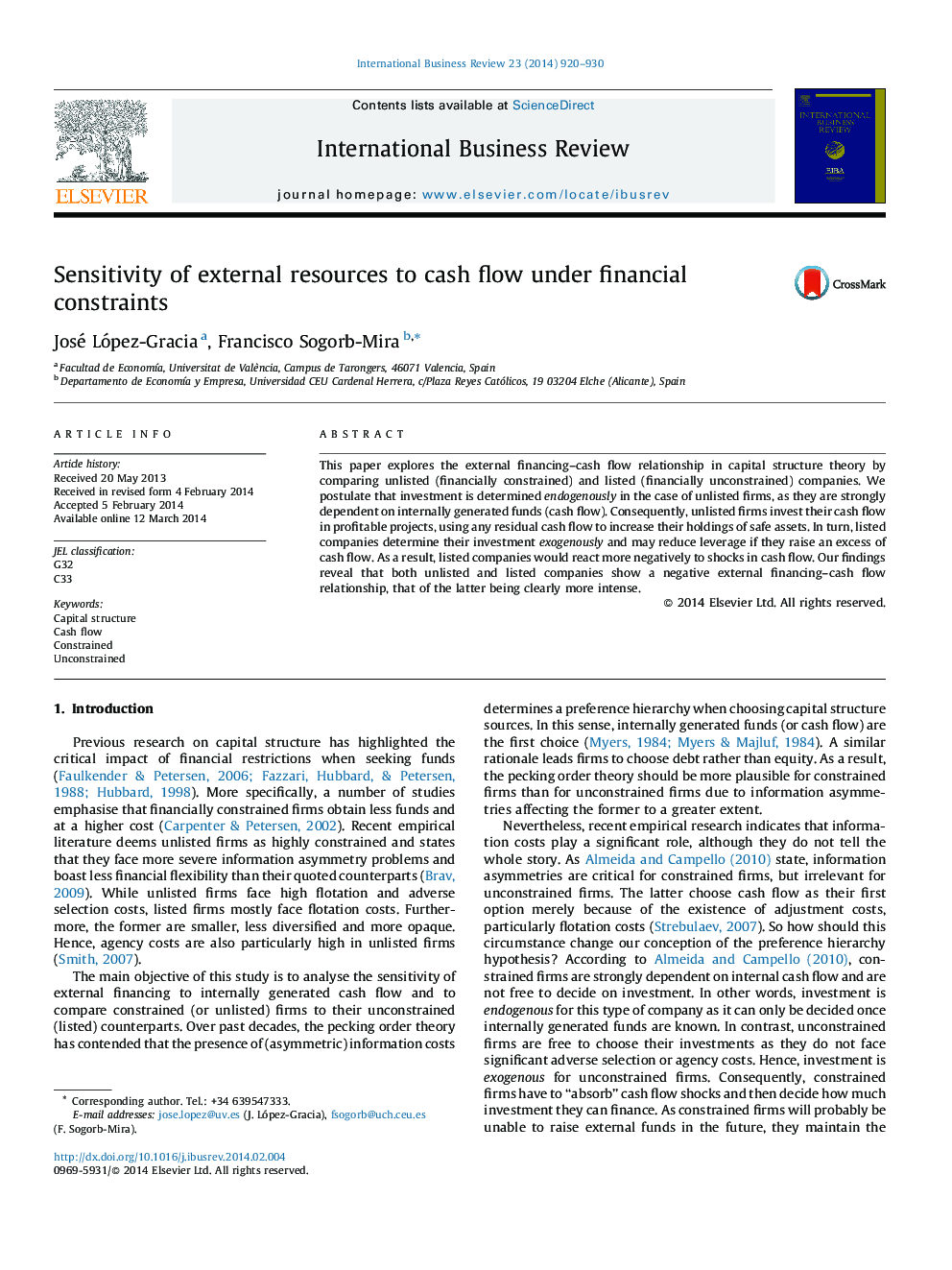 Sensitivity of external resources to cash flow under financial constraints