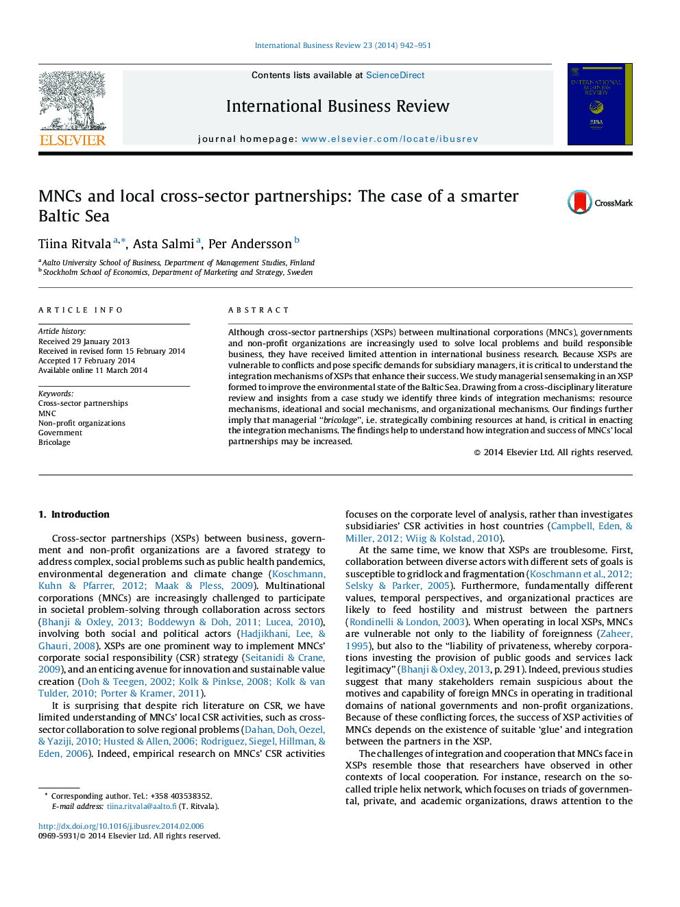 MNCs and local cross-sector partnerships: The case of a smarter Baltic Sea