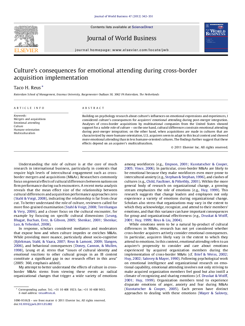 Culture's consequences for emotional attending during cross-border acquisition implementation