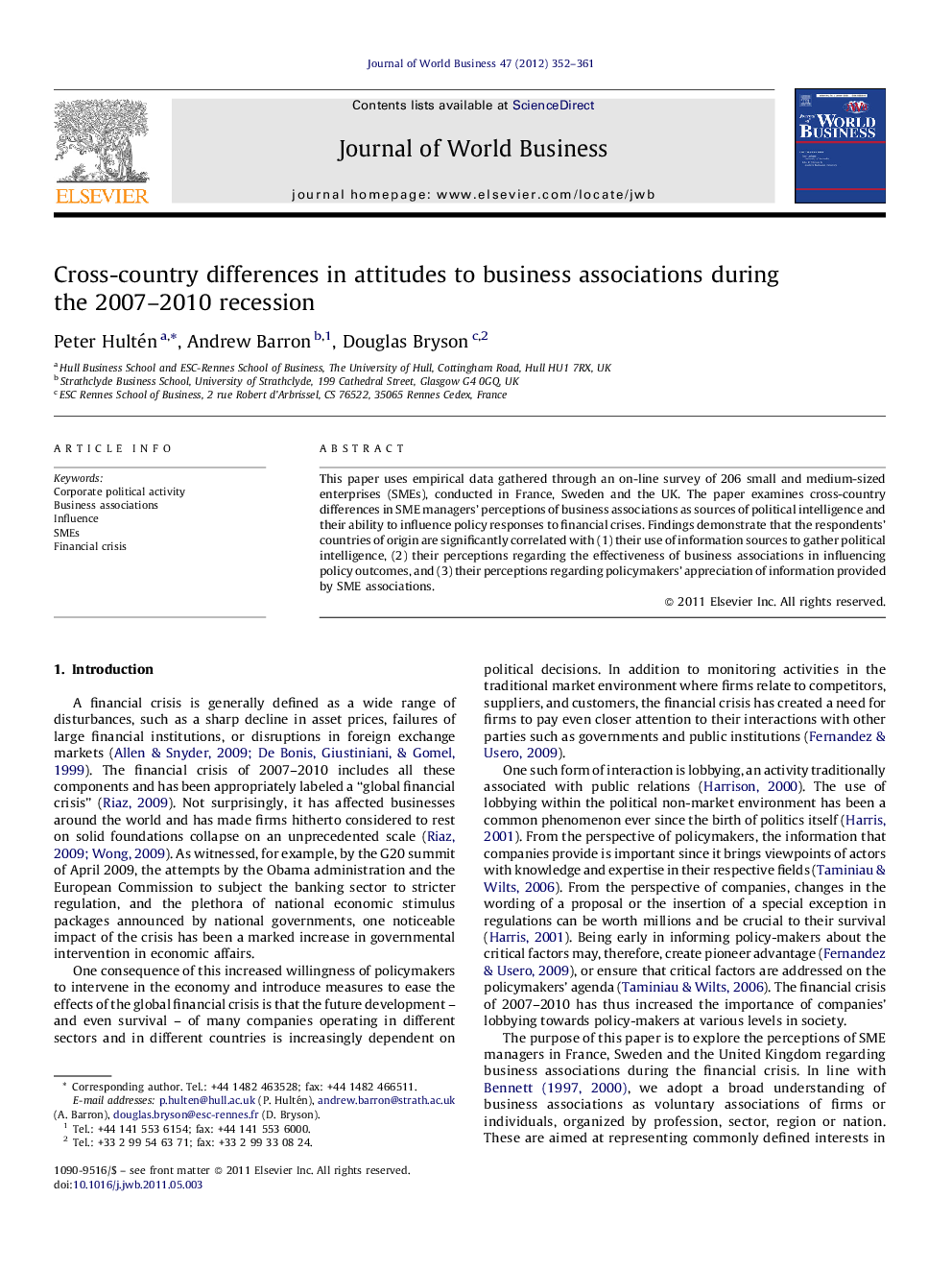 Cross-country differences in attitudes to business associations during the 2007-2010 recession