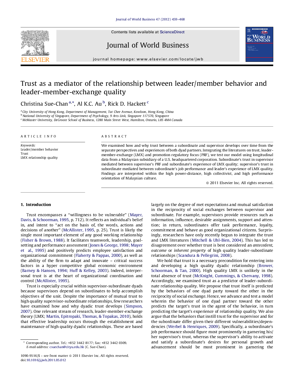 Trust as a mediator of the relationship between leader/member behavior and leader-member-exchange quality