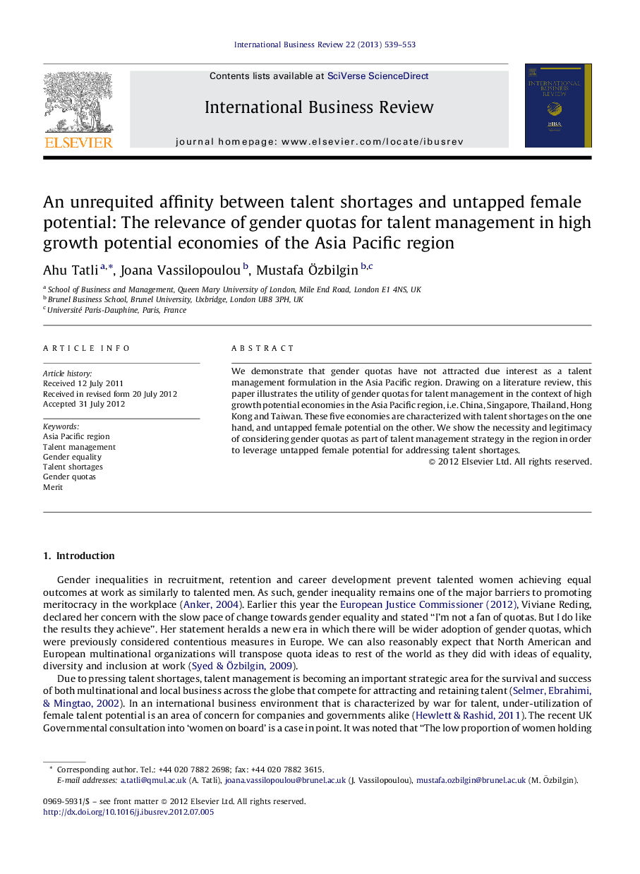 An unrequited affinity between talent shortages and untapped female potential: The relevance of gender quotas for talent management in high growth potential economies of the Asia Pacific region