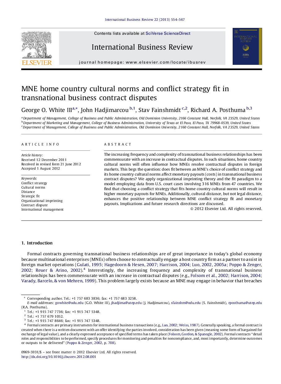 MNE home country cultural norms and conflict strategy fit in transnational business contract disputes