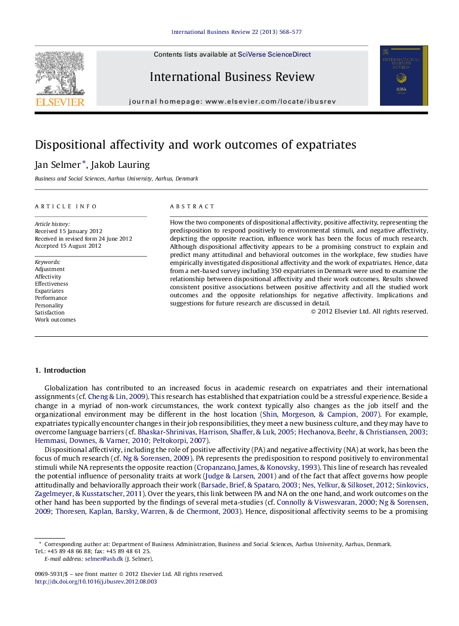 Dispositional affectivity and work outcomes of expatriates