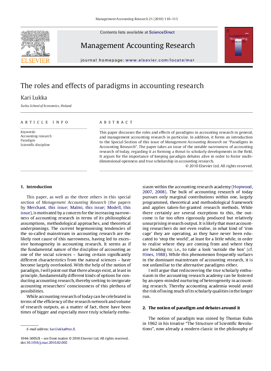 The roles and effects of paradigms in accounting research