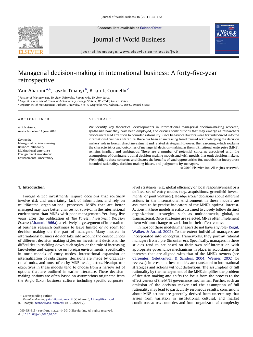 Managerial decision-making in international business: A forty-five-year retrospective