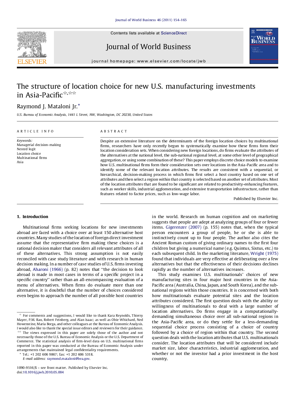 The structure of location choice for new U.S. manufacturing investments in Asia-Pacific 