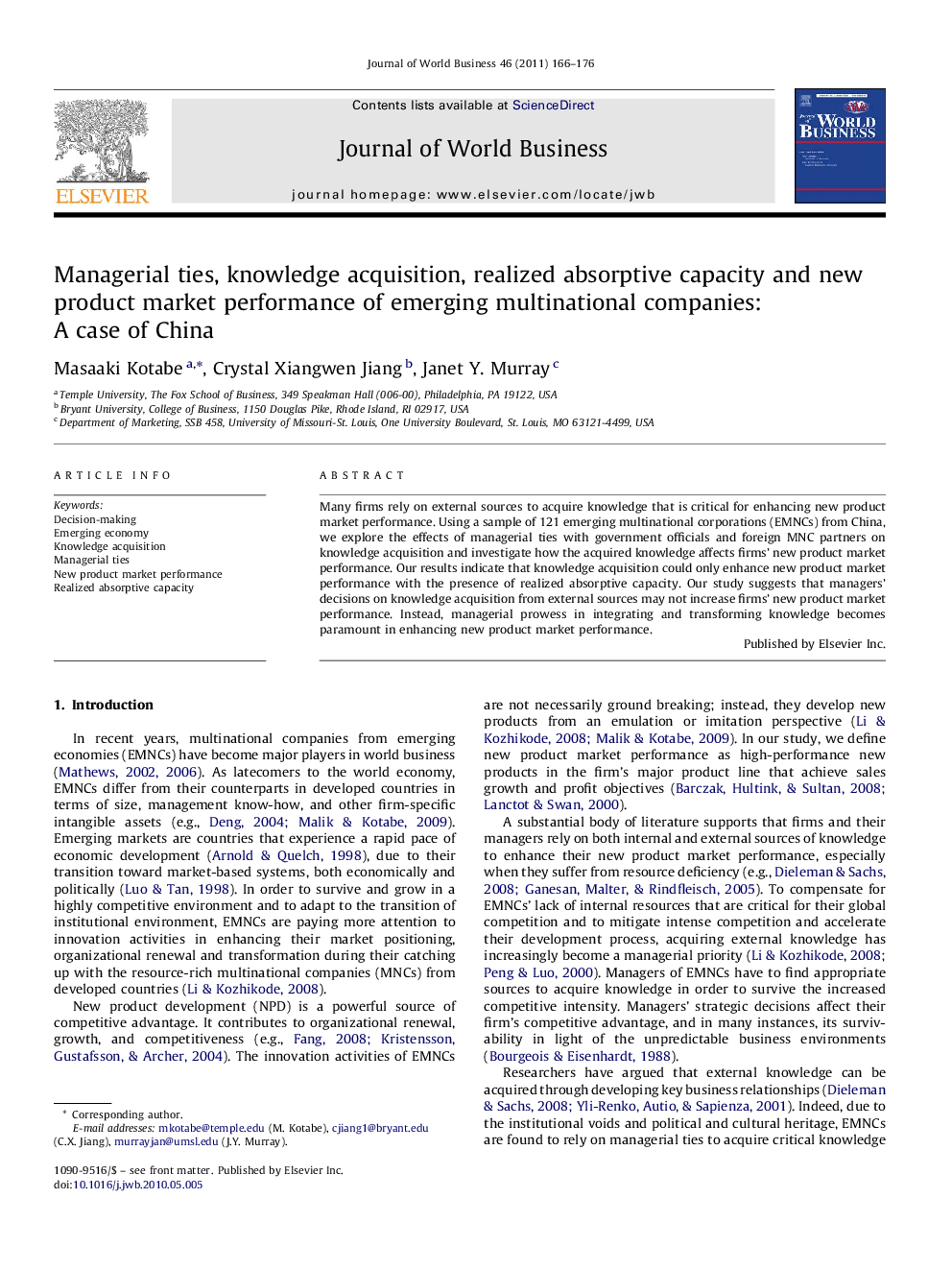 Managerial ties, knowledge acquisition, realized absorptive capacity and new product market performance of emerging multinational companies: A case of China