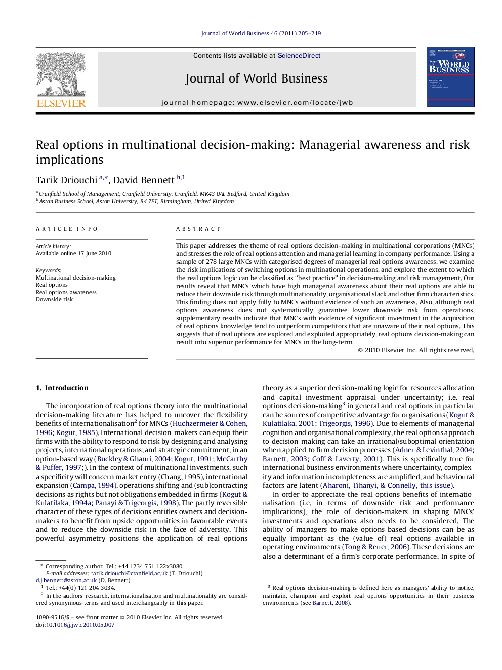 Real options in multinational decision-making: Managerial awareness and risk implications