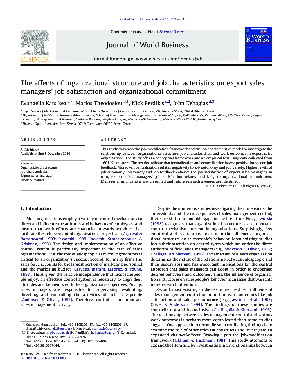 The effects of organizational structure and job characteristics on export sales managers’ job satisfaction and organizational commitment