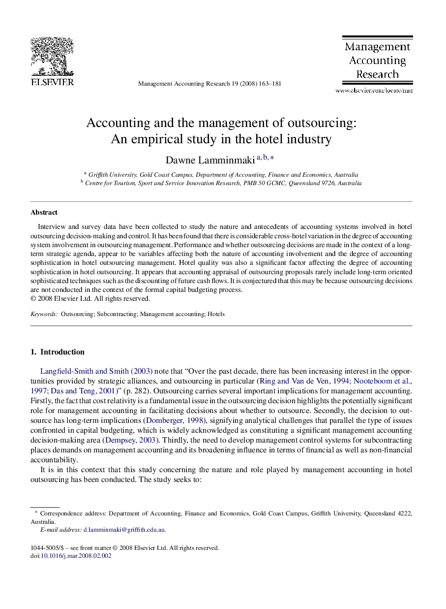 Accounting and the management of outsourcing: An empirical study in the hotel industry