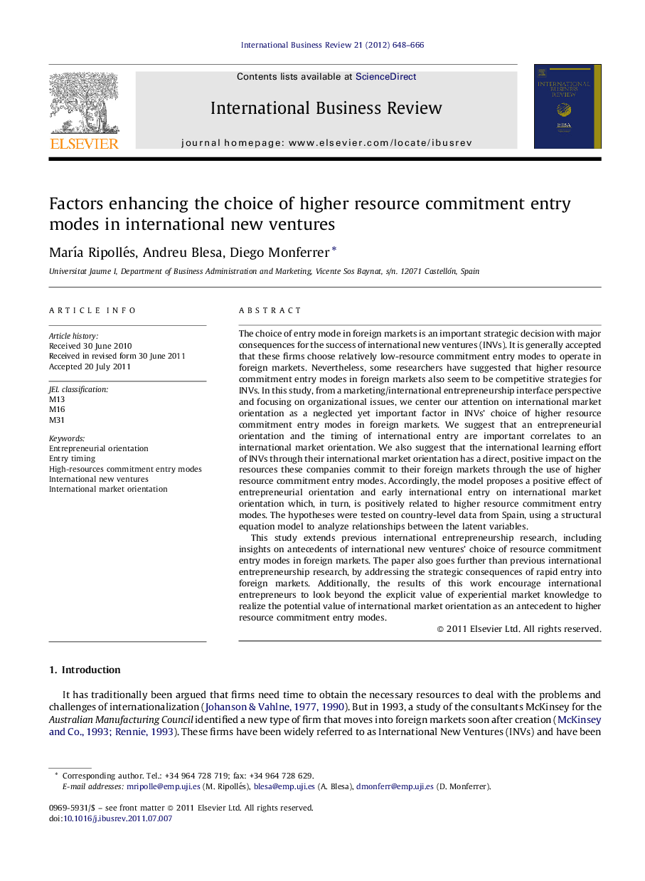 Factors enhancing the choice of higher resource commitment entry modes in international new ventures