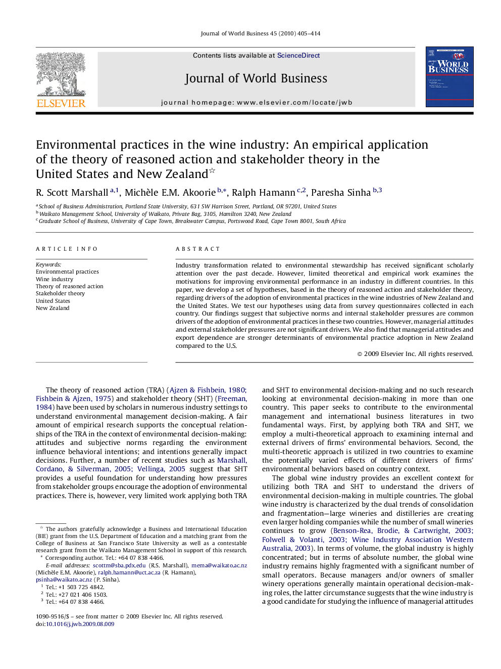 Environmental practices in the wine industry: An empirical application of the theory of reasoned action and stakeholder theory in the United States and New Zealand 