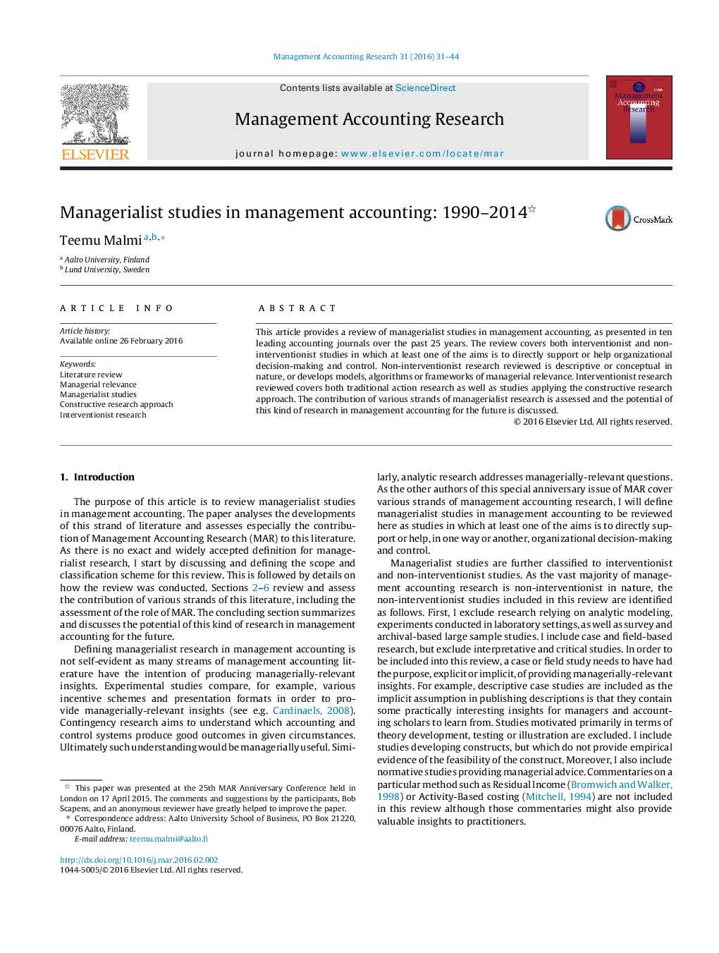 مطالعات مدیریتی در حسابداری مدیریت: 1990-2014