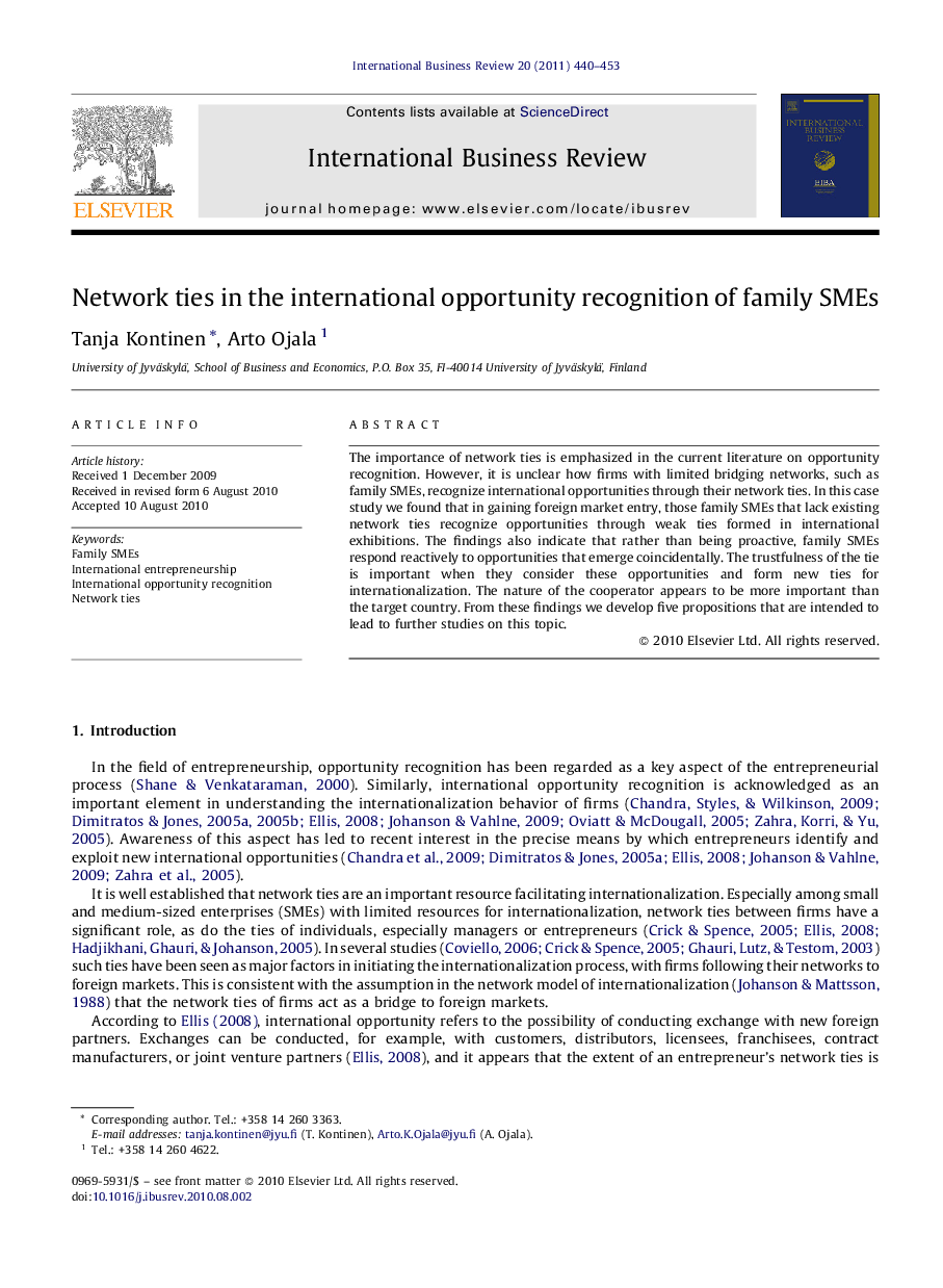 عکس صفحه اول مقاله: Network ties in the international opportunity recognition of family SMEs Network ties in the international opportunity recognition of family SMEs