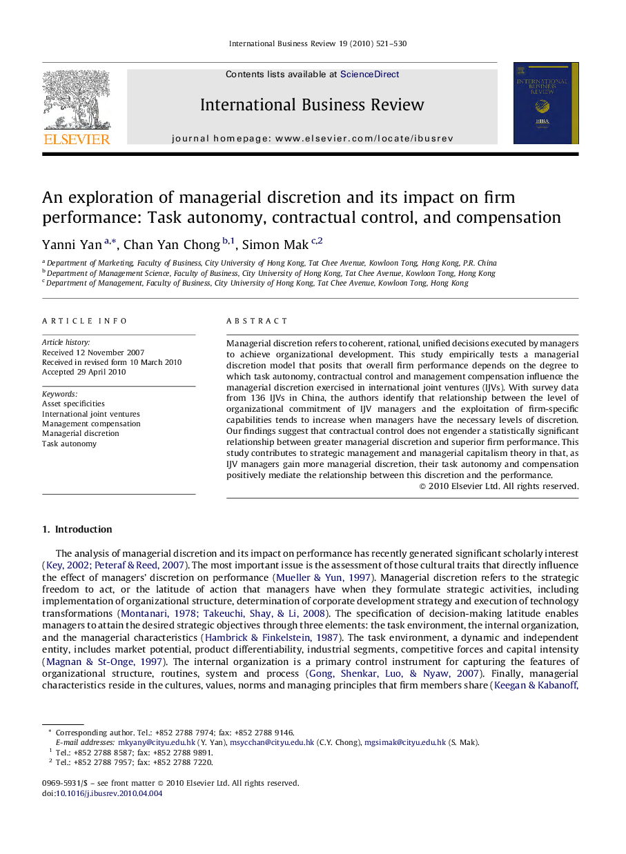 An exploration of managerial discretion and its impact on firm performance: Task autonomy, contractual control, and compensation