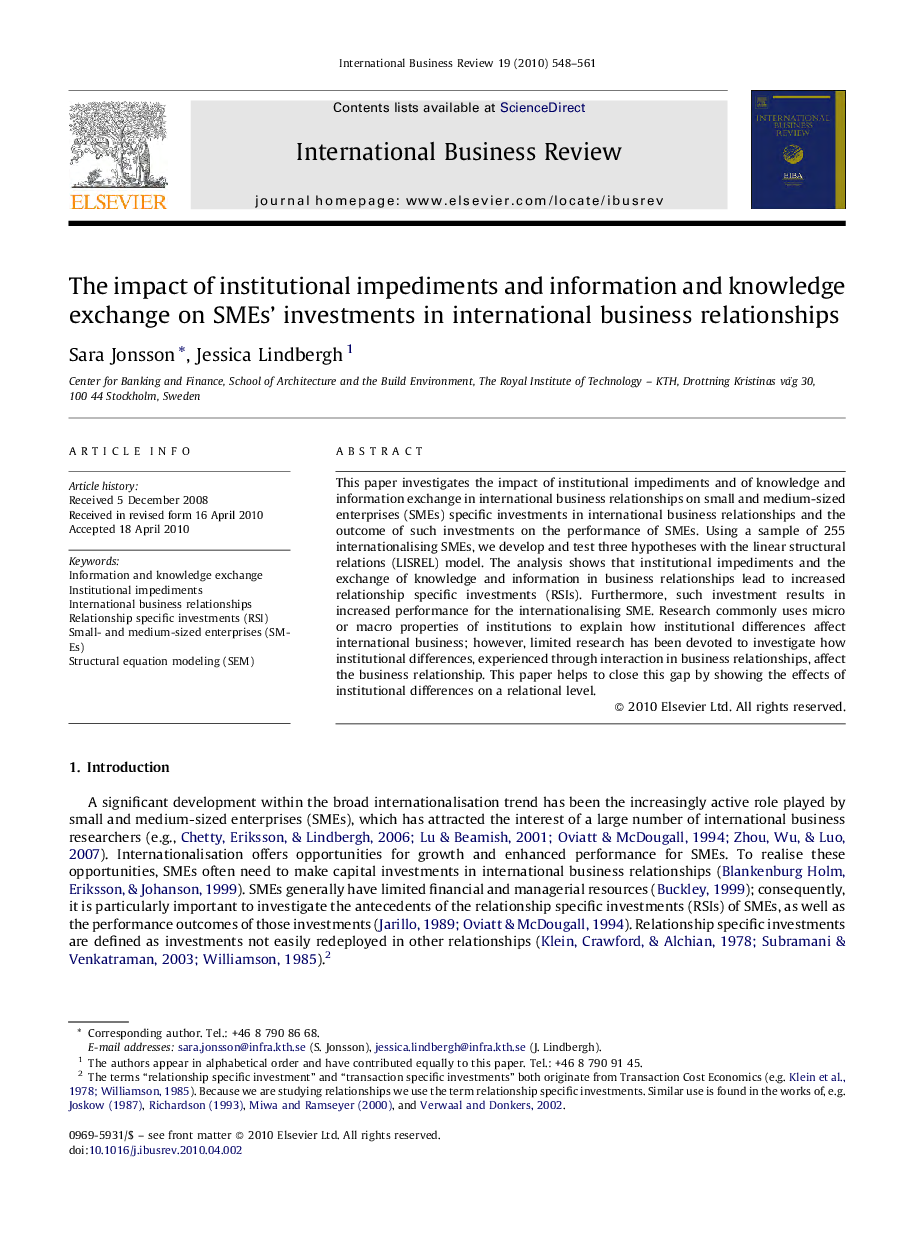 The impact of institutional impediments and information and knowledge exchange on SMEs’ investments in international business relationships