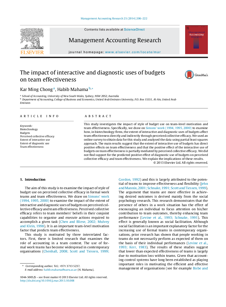 The impact of interactive and diagnostic uses of budgets on team effectiveness