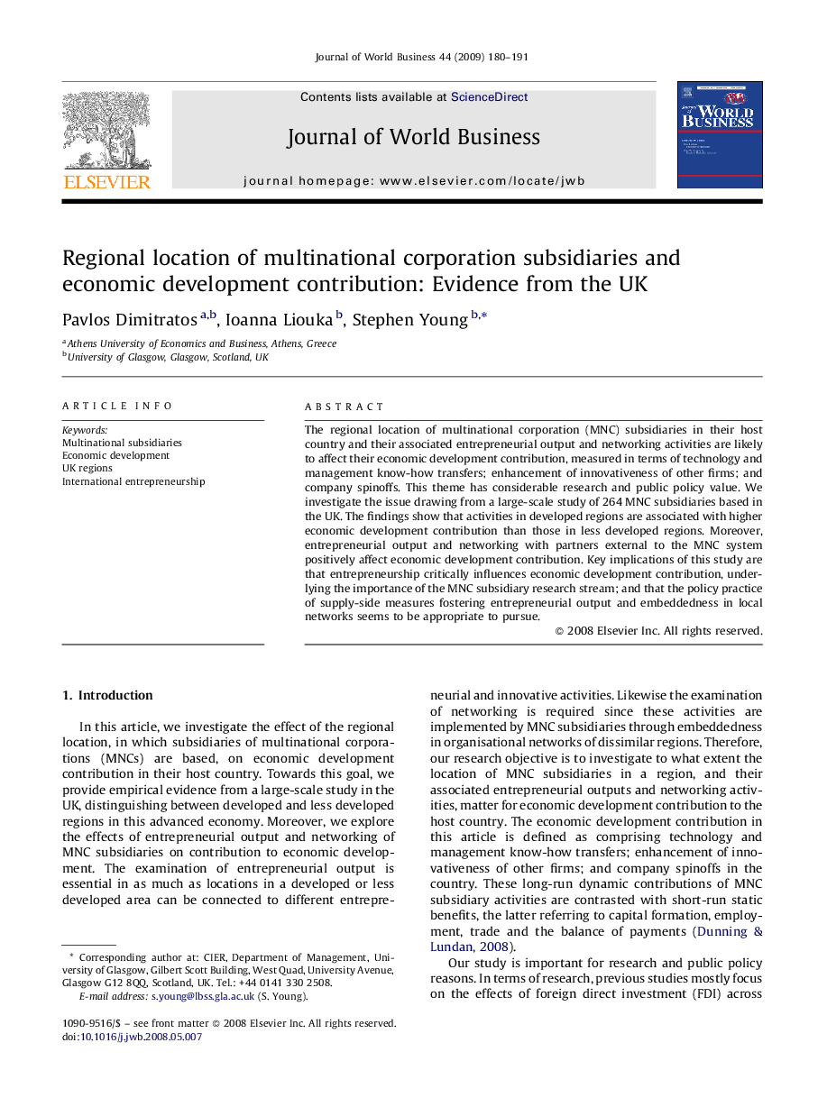 Regional location of multinational corporation subsidiaries and economic development contribution: Evidence from the UK