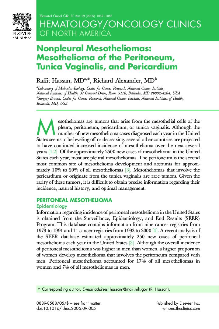 Nonpleural Mesotheliomas: Mesothelioma of the Peritoneum, Tunica Vaginalis, and Pericardium