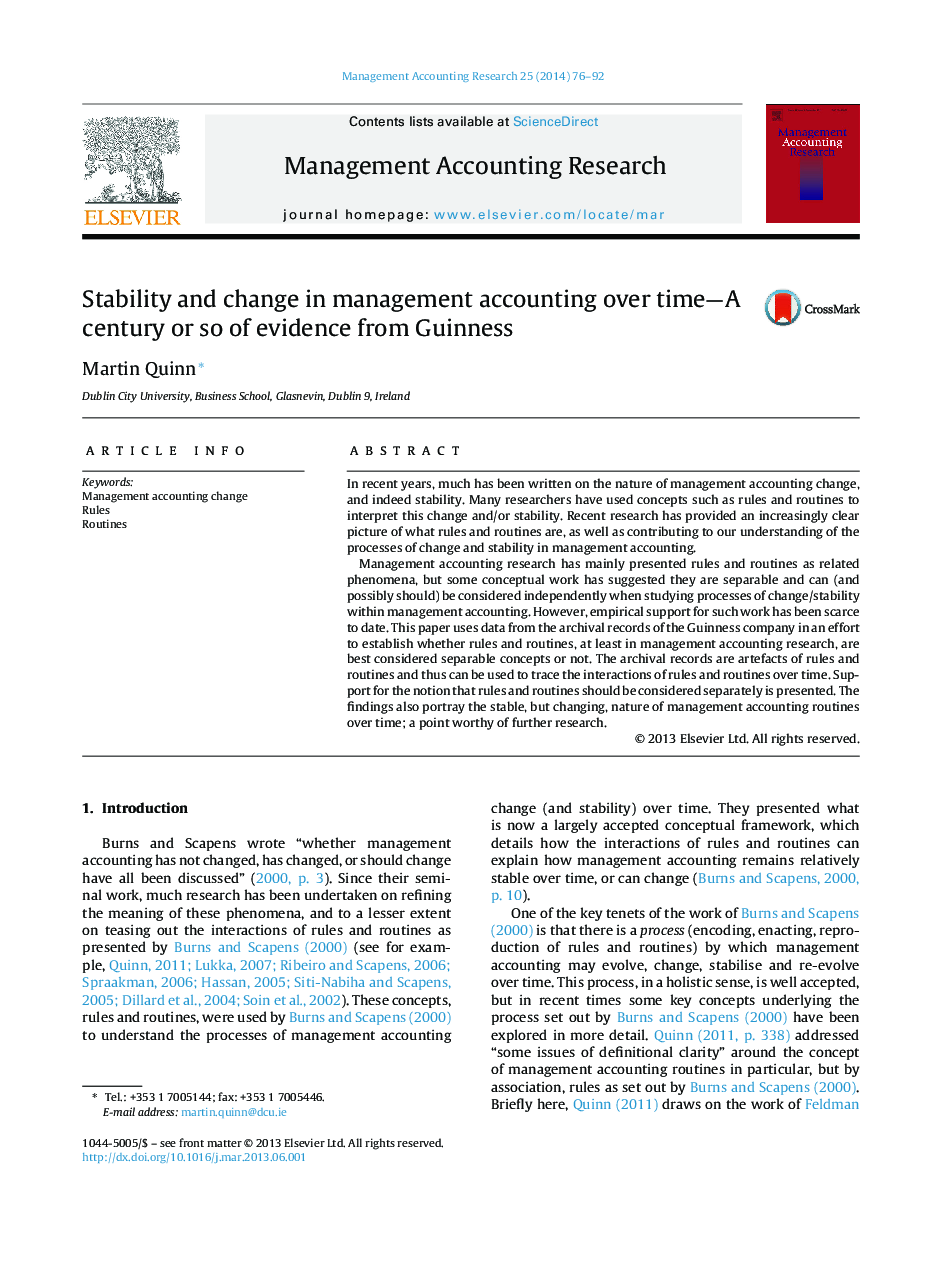 Stability and change in management accounting over time—A century or so of evidence from Guinness